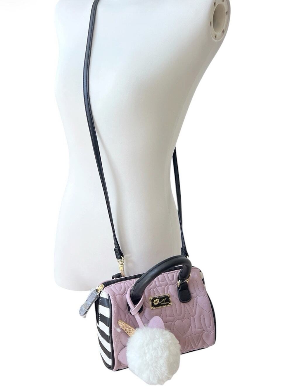 Luv Betsey Johnson Mini Crossbody Quilted Barrel Satchel Bag Harley Charm Pink